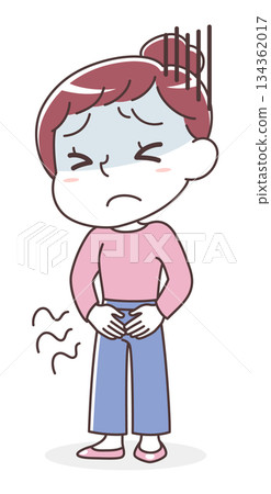 插圖描繪了一位女性遭受下腹部疼痛（經痛、經期疼痛、婦科疾病、腹痛）的症狀。 134362017