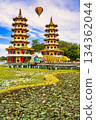 A balloon composite floating above Kaohsiung's Dragon and Tiger Pagodas 134362044