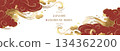Japanese background design with red clouds and gold foil texture / vector, illustration 134362200