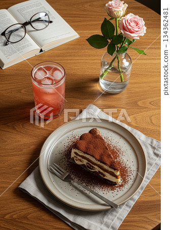 Tiramisu Dessert with Iced Drink and Roses on Wooden Table 134362481