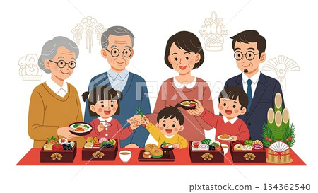 一幅描繪一家人圍坐在餐桌旁享用新年美食的插圖 134362540