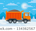 Truck with sand in winter. Loading bulk materials. 134362567