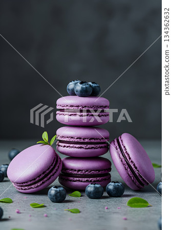 Purple Blueberry Macarons Stacked on Dark Background 134362632