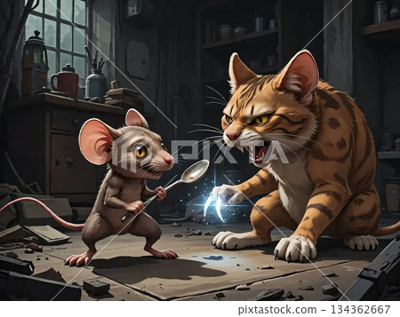 Epic showdown mouse with spoon vs. fierce cat. A whimsical scene depicts an animated mouse brandishing a spoon facing off against a fierce, striped cat with extended claws. 134362667
