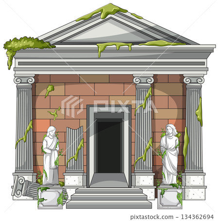 Abandoned Classical Temple with Weathered Statues and Vines Abandoned Classical Temple with Weathered Statues and Vines 134362694