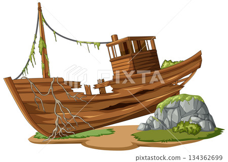 Old Wooden Shipwreck Beside Coastal Rocks Illustration 134362699