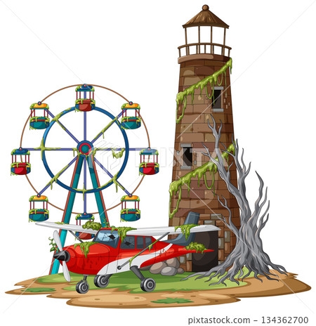 Abandoned Lighthouse with Ferris Wheel and Old Airplane Illustration Abandoned Lighthouse with Ferris Wheel and Old Airplane Illustration 134362700