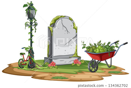 Overgrown Cemetery Gravestone with Abandoned Bicycle and Wheelbarrow Overgrown Cemetery Gravestone with Abandoned Bicycle and Wheelbarrow 134362702