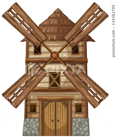 Rustic Wooden Windmill Front View Illustration 134362705