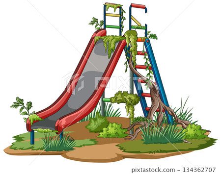 Overgrown Abandoned Playground Slide with Encroaching Vegetation 134362707