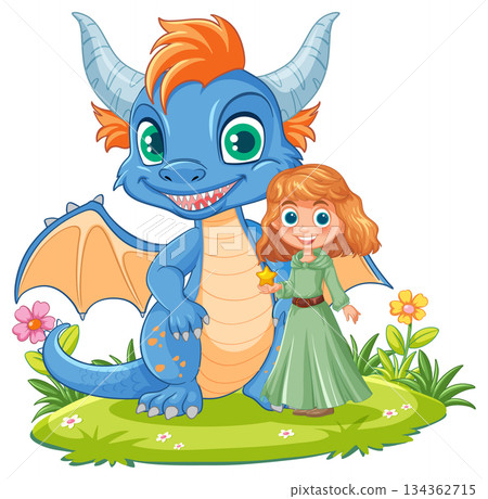 Smiling Blue Dragon and Girl on Flower Meadow 134362715