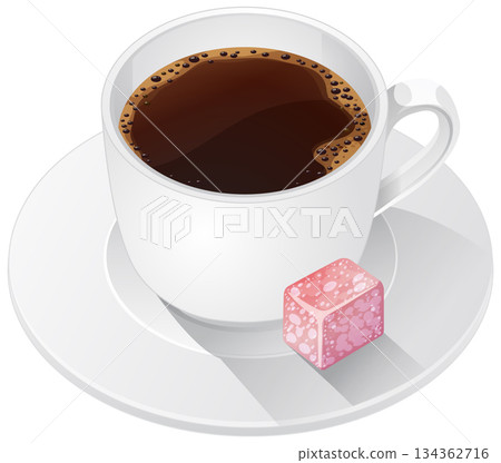 White Cup of Black Coffee with Pink Sugar Cube 134362716