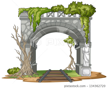 Abandoned Stone Railway Arch with Overgrown Vines and Statue 134362720