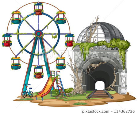 Abandoned Ferris Wheel and Tunnel in Overgrown Amusement Park Abandoned Ferris Wheel and Tunnel in Overgrown Amusement Park 134362726