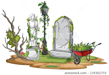 Overgrown Cemetery Monument with Statue and Garden Tools 134362733