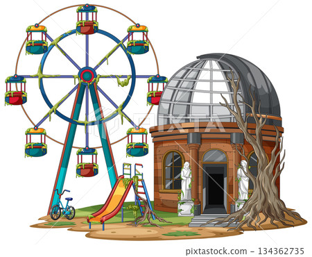 Abandoned Ferris Wheel and Observatory in Overgrown Playground Abandoned Ferris Wheel and Observatory in Overgrown Playground 134362735