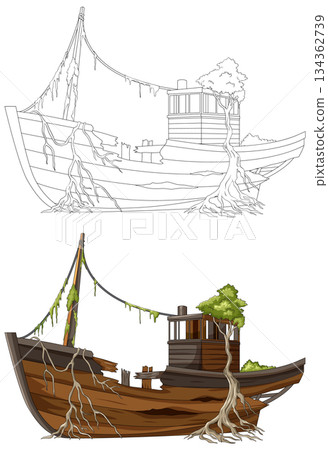Abandoned Wooden Boat Overgrown With Roots And Moss 134362739