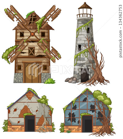 Abandoned Buildings with Overgrown Trees and Broken Windows 134362753