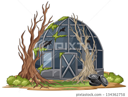 Abandoned Glass Dome House with Dead Trees Illustration 134362758