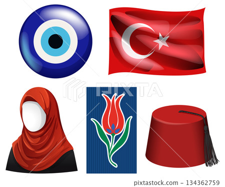 Turkish Symbols Collection with Flag, Nazar, Tulip, Fez, and Hijab 134362759
