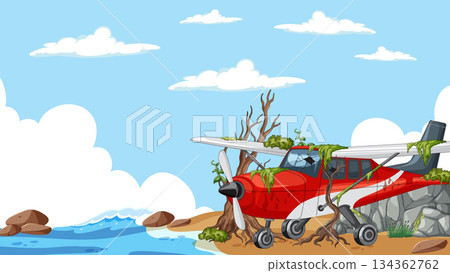 Abandoned Red Airplane Overgrown on Remote Rocky Beach Abandoned Red Airplane Overgrown on Remote Rocky Beach 134362762