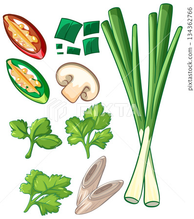 Asian Food Ingredients Vector with Fresh Vegetables and Herbs Asian Food Ingredients Vector with Fresh Vegetables and Herbs 134362766