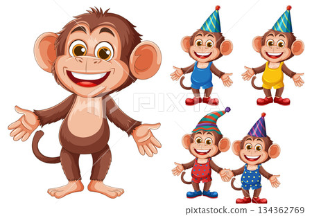 Smiling Cartoon Monkey with Party Hat Variations Smiling Cartoon Monkey with Party Hat Variations 134362769