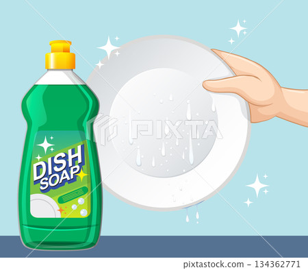 Hand Washing Clean Plate with Green Dish Soap Bottle 134362771