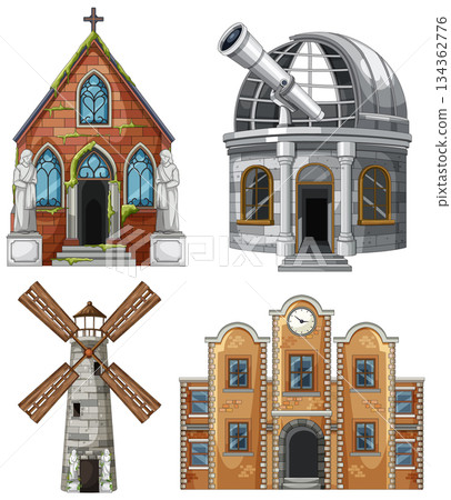 Cartoon Historic Buildings Set with Church Observatory Windmill 134362776