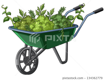 Green Wheelbarrow Filled With Overgrown Bushes and Vines 134362779