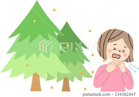 Cedar tree emitting pollen and a sneezing woman 134362847