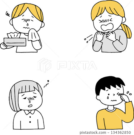 Children suffering from hay fever set, monochrome 134362850