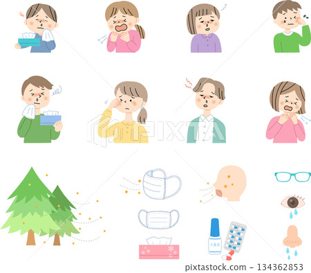 患有花粉症的人和圖標集 患有花粉症的人和圖標集 134362853
