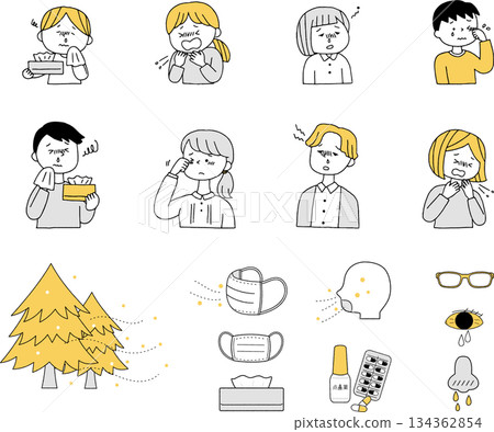 患有花粉症的人們和單色圖標集 134362854