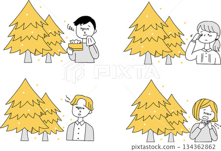 Cedar tree that emits pollen and people with hay fever set, monochrome Cedar tree that emits pollen and people with hay fever set, monochrome 134362862
