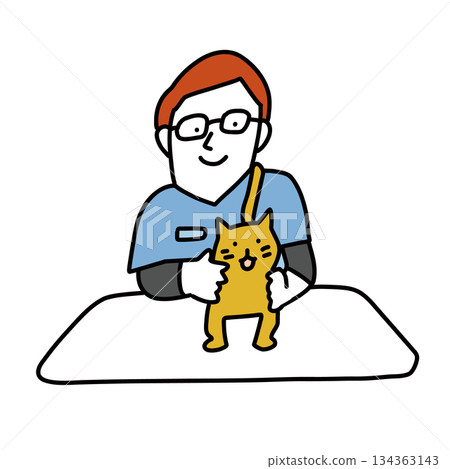 一位男獸醫正在獸醫院的檢查室檢查一隻病人的貓。 134363143