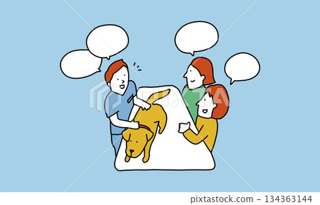 獸醫診所檢查室——插圖展示了一個家庭正在帶他們的狗接受獸醫檢查的情景 134363144