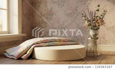 Vintage Podium with Folded Quilt and Glass Vase of Dried Flowers 134363167