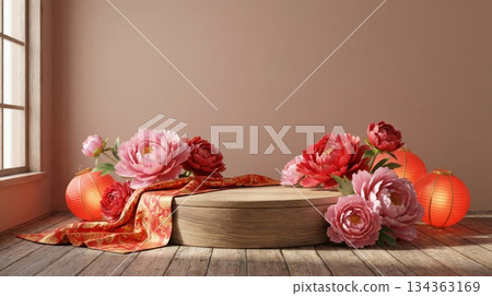 Chinese Podium with Peony Flowers, Silk Fabric, and Red Lantern Chinese Podium with Peony Flowers, Silk Fabric, and Red Lantern 134363169