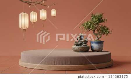 Chinese Podium with Mini Fountain and Ceramic Plant Pot 134363175