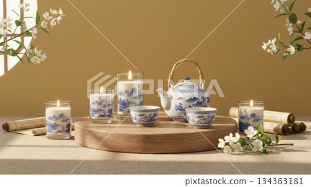 Chinese Podium with Ceramic Tea Set and Decorative Candle 134363181