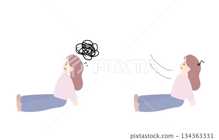 A woman who is impatient with time to do nothing and a woman who is relaxing 134363331