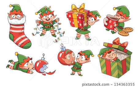 Cute Christmas elves in various festive poses. Colorful cartoon characters. Funny vector illustration Cute Christmas elves in various festive poses. Colorful cartoon characters. Funny vector illustration 134363355