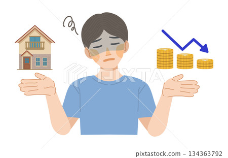 Illustration of a man depressed by the decline in the asset value of a building Illustration of a man depressed by the decline in the asset value of a building 134363792
