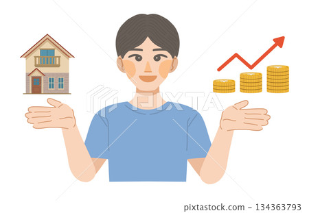 Illustration of a man happy that the asset value of a building has increased Illustration of a man happy that the asset value of a building has increased 134363793