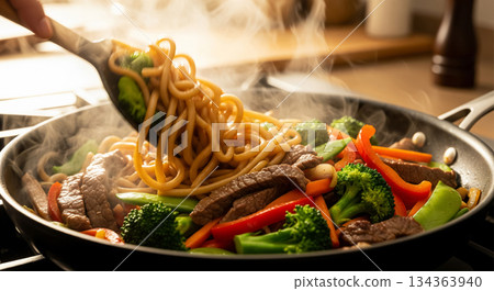 Beef and Vegetable Udon Stir Fry in Skillet 134363940