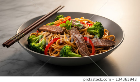 Beef Vegetable Stir Fry Noodles in Modern Bowl 134363948