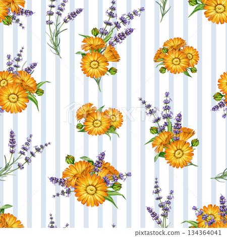 Calendula blossoms and lavender flowers seamless pattern watercolor illustration. Hand drawn fresh calendula flowers mixed with lavender stems floral decor element on striped background 134364041