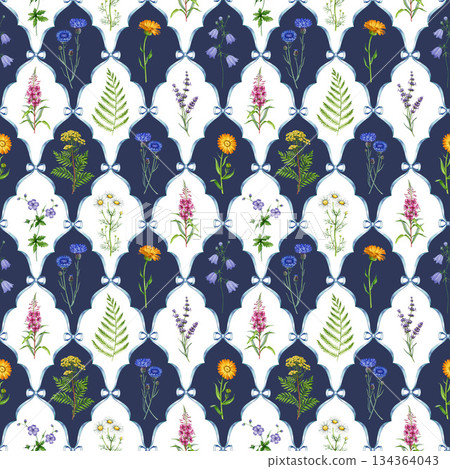 Meadow wildflowers seamless pattern watercolor illustration. Hand drawn vintage style chamomile, bluebell, fireweed, cornflower blooming summer countryside flowers decoration on tile background Meadow wildflowers seamless pattern watercolor illustration. Hand drawn vintage style chamomile, bluebell, fireweed, cornflower blooming summer countryside flowers decoration on tile background 134364043