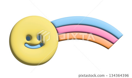 Illustration of inflated pastel rainbow in 3D for model, merchandise, label, sticker, tattoo, spring, summer, decoration, patch, brooch, shirt print, sign, symbol, emoji, Pride Month, skies and clouds 134364396